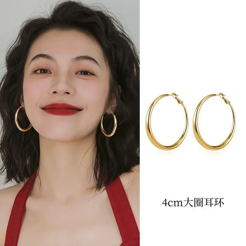 [999 Silver Needle] 4cm Gold Hoop Earrings