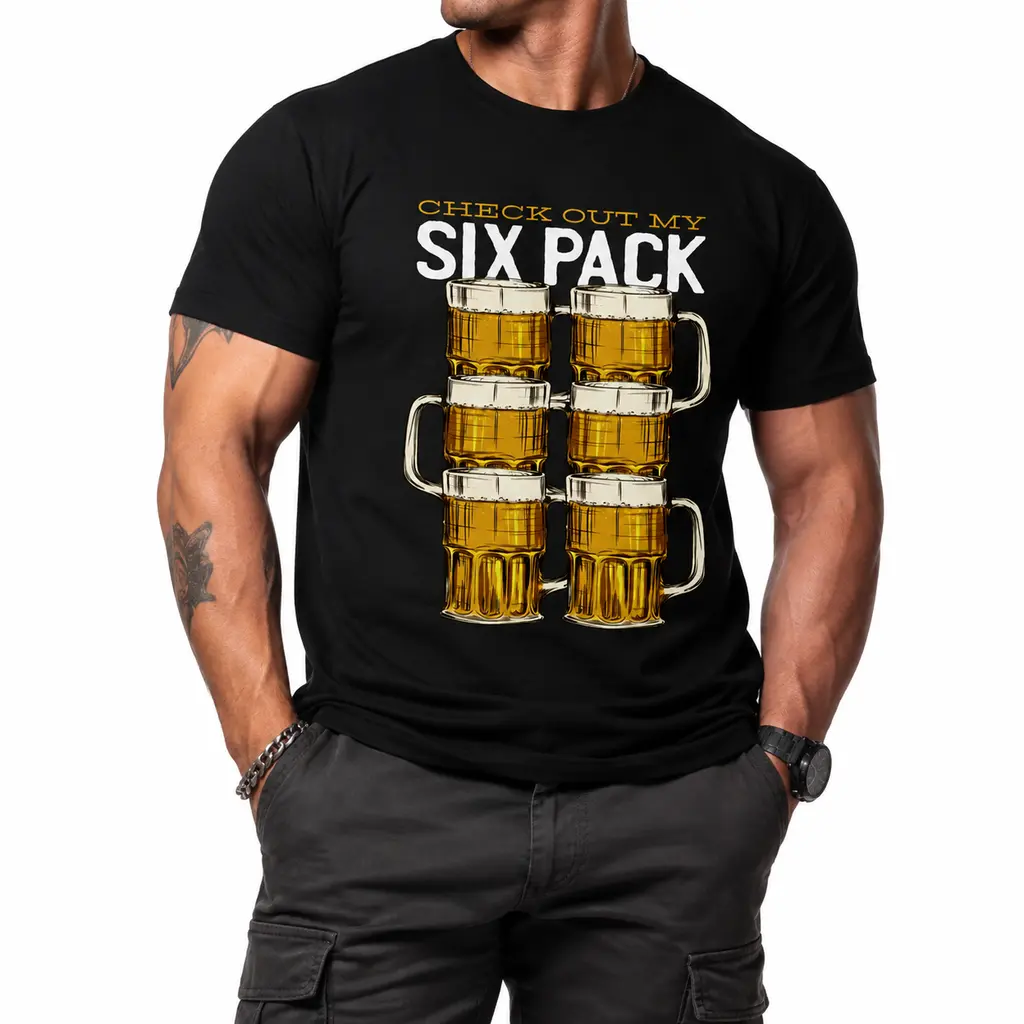 Men's Funny Beer Lover Graphic T-Shirt - Front Print "Check Out My 6-Pack Beer Mugs" Design, Short-Sleeve Crew Neck, Casual Tops for Bar Parties & Daily Wear (Sports & Outdoor Clothing) compression shirts