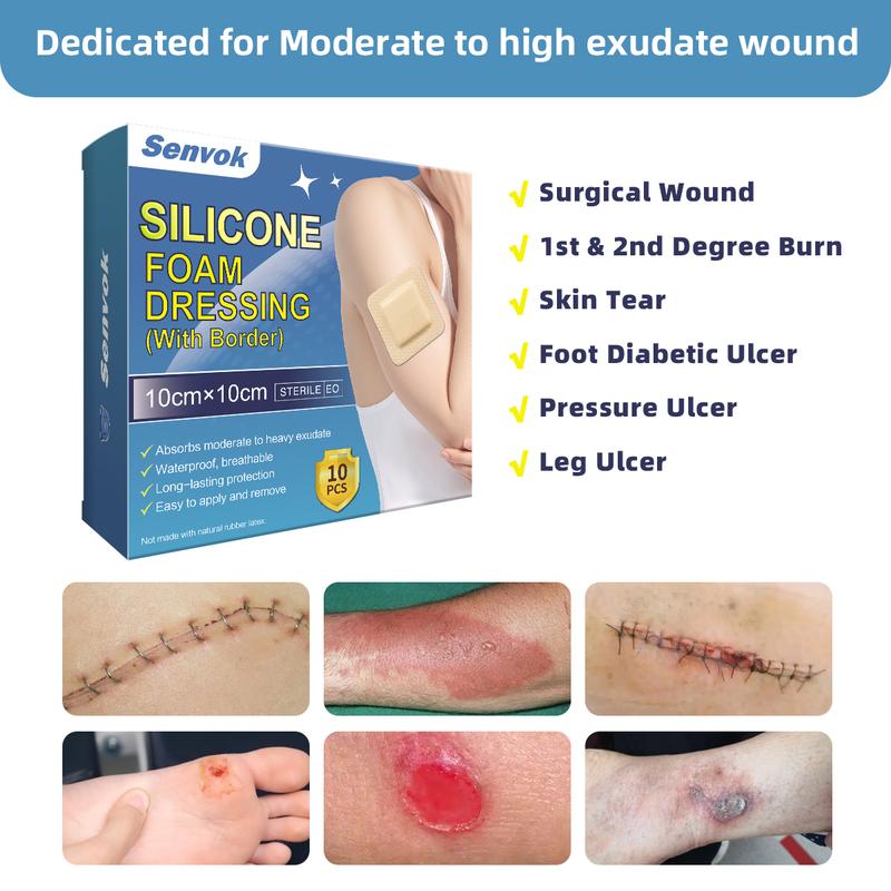 Senvok Silicone Adhesive Foam Dressing with Gentle Border 10cm x 10cm 10 Pack High Absorbency Waterproof Breathable Wound Bandage for Bed Sore Leg Ulcer Foot Diabetic Ulcer