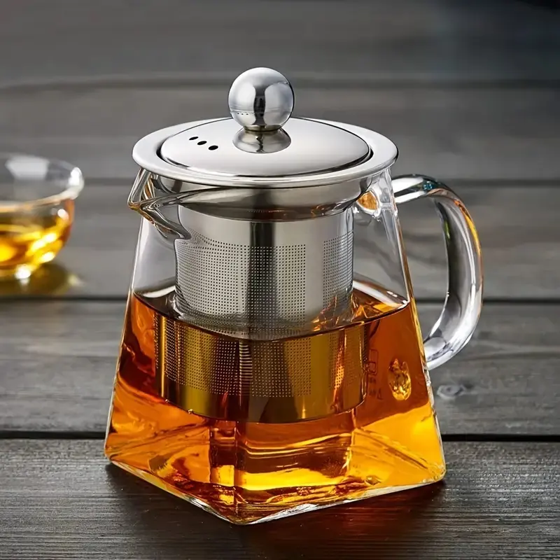 1pc Thick Heat-Resistant Glass Teapot with Stainless Steel Infuser Filter, Teapot with strainer – Large Capacity for Herbal, Black & Flower Tea | Clear Teapot, Durable Glass, Easy Home Brewing, No Electricity Needed | Kitchen Tea Setup