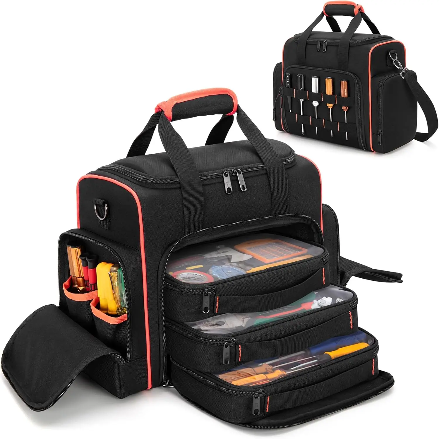 Tool Bag with 3 detachable Cases, 2-layer Tool Tote Bag for Hand Tools, Black with Red Border