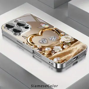 Diamond Heart Butterfly 2D Pattern glass phone case for iPhone Air 17 16 Pro Max 15 14 PLUS 13 12 11 Samsung Galaxy S25 s24 s23 s22 Ultra FE ,Full Body Protections Shockproof Cover Creativity Fashion 11-16 furry luxury design Black 2025 creative unique