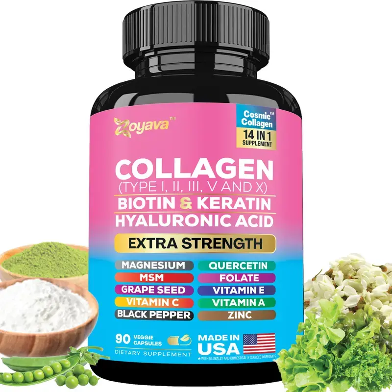 Zoyava Collagen Supplement - Type I, II, III, V and X - with Biotin, Keratin, Hyaluronic Acid & 13+ Extra Strength Ingredients for Beauty, Fitness, & Healthcare - 90 Capsules - MADE IN USA Edible Dietary