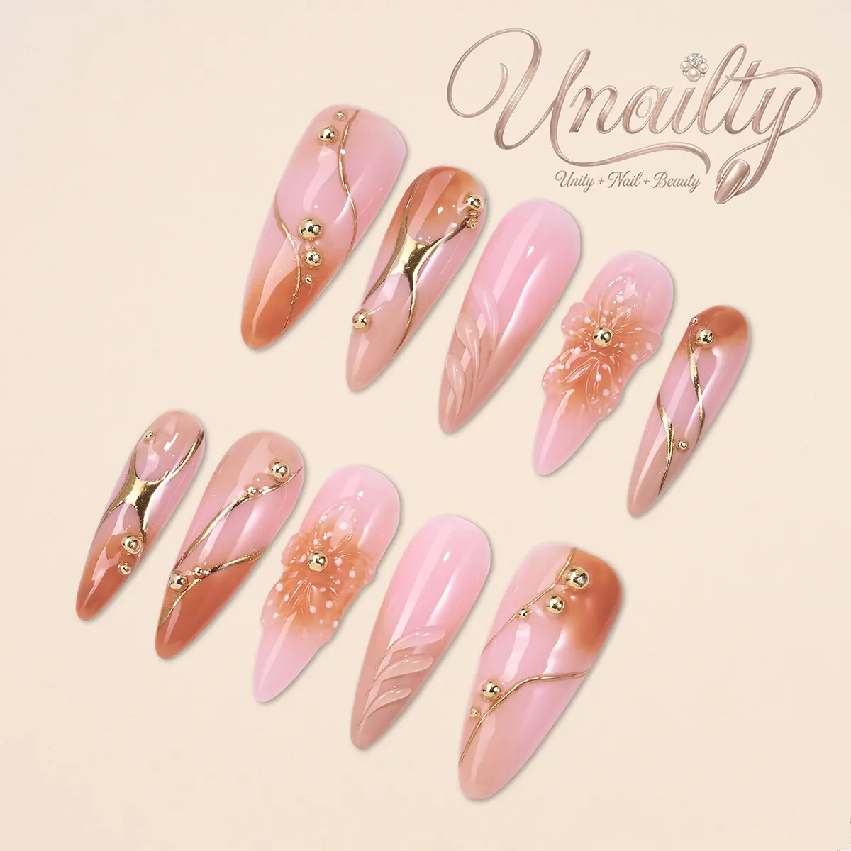 Unailty I Sunset Grace | Professional Salon-Quality Handmade Press-On Nails | High-Strength & Durable | Reusable
