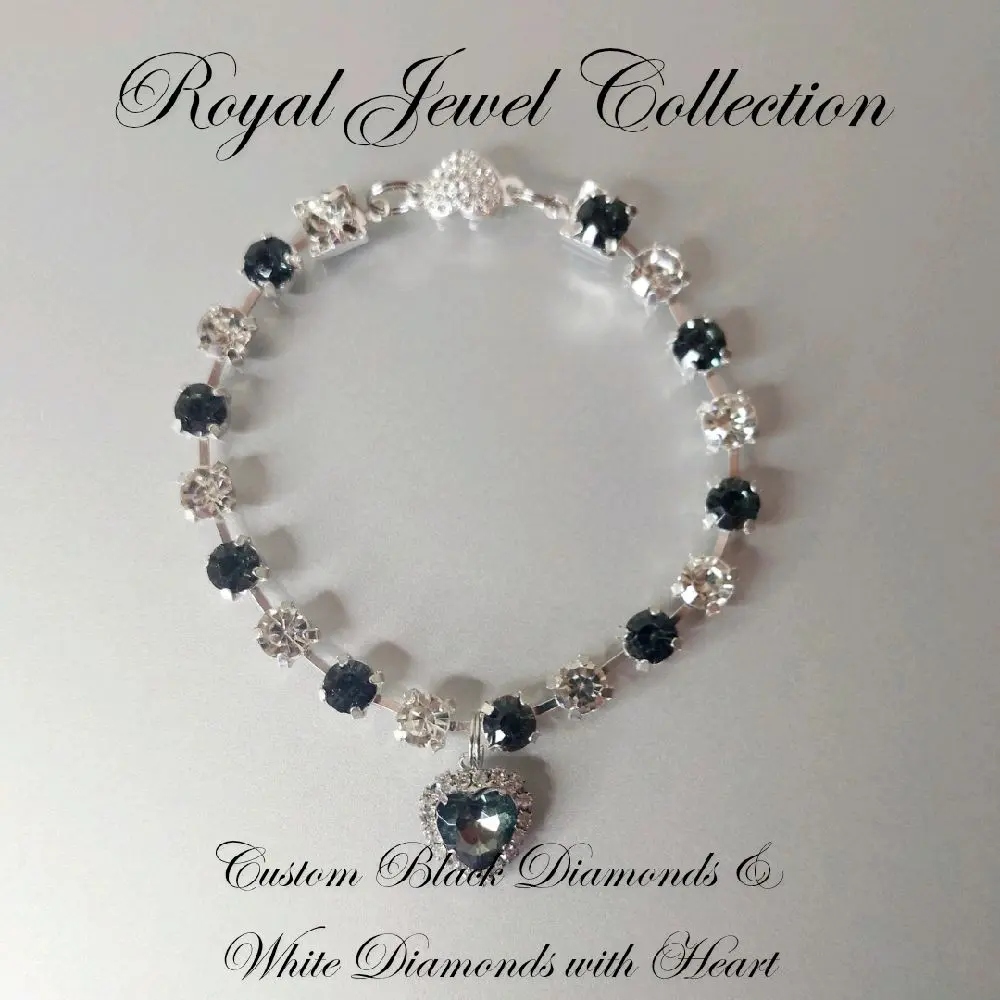Royal Jewel Collection Custom Black Diamonds & White Diamonds with Black Grey Heart Pet Collar Necklace Magnetic Breakaway Safe for Small Dogs & Cats