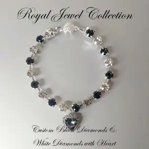 Royal Jewel Collection Custom Black Diamonds & White Diamonds with Black Grey Heart Pet Collar Necklace Magnetic Breakaway Safe for Small Dogs & Cats