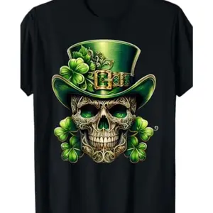 St. Patrick's Day Sugar Skull Celtic Graphic T-Shirt, Fashion Irish Outfit, Comfort Oversized Cotton Tee, Cute Holiday Gift For Him Her