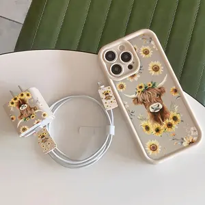 5 Piece Set Vintage Sunflower & Cow Phone Case, Charger Head Cover, Cable Protector, Storage Rope, Anti-Drop Tpu Case, Smartphone Protector for iPhone