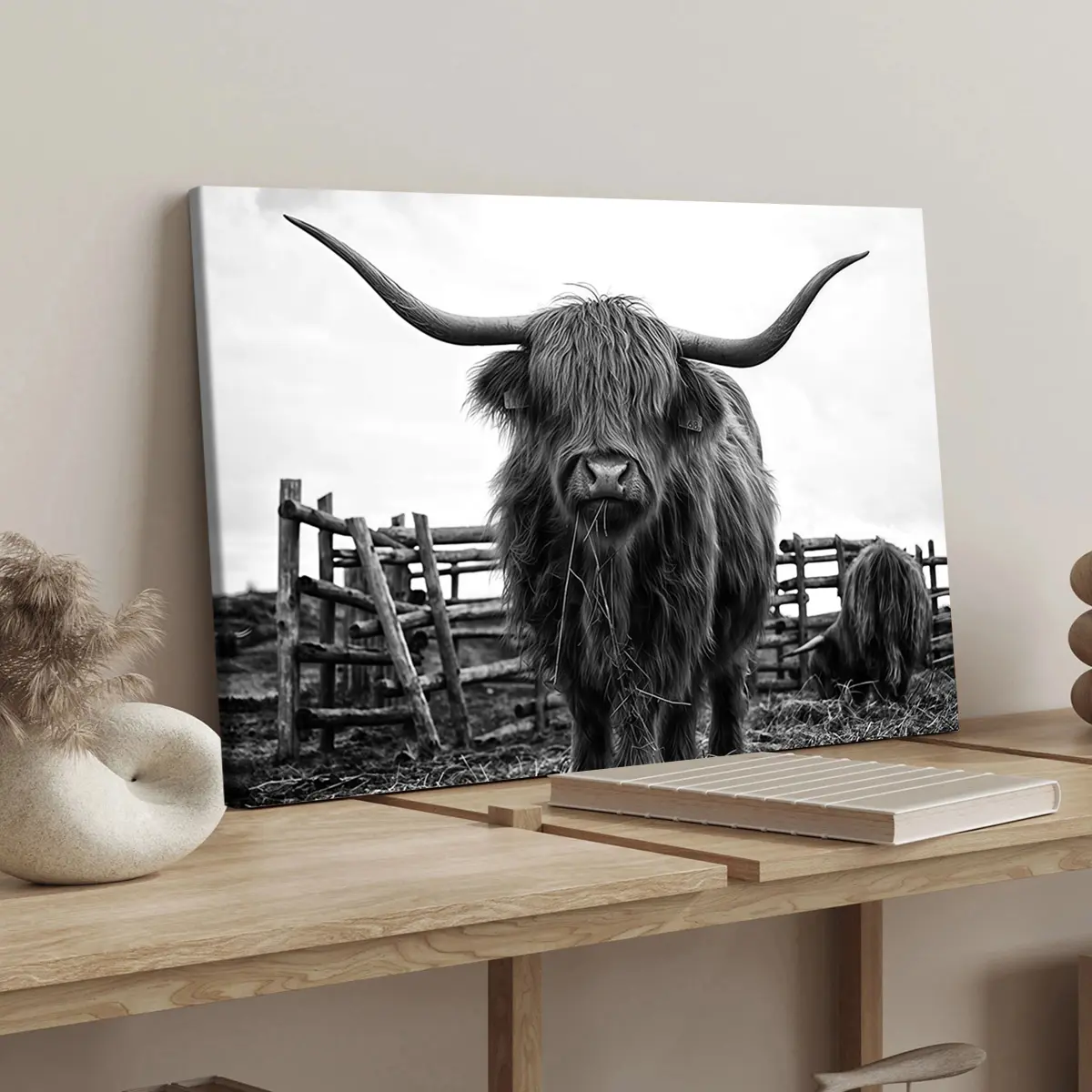 1 Count Wood Frame Canvas, Black and White Highland Cow pattern, Animal Prints, Print Design, Stylish Decor, Bedroom Poster, Hallway Office Mural, Ideal gift, HD, waterproof, print, Art Work For Wall Decor, Wall Art Decor