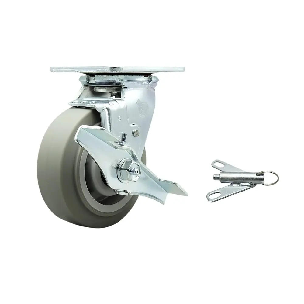 Service Caster SCC-30CS520-TPRBF-TLB-BSL Heavy Duty Metal Ball Casters for Commercial Equipment & Dollies, 5" Diameter Thermoplastic Rubber Flat Tread Wheel, Swivel Top Plate with Top Lock Brake, Bolt-On Swivel Lock, 350 lbs Capacity, Double Ball Bearing,