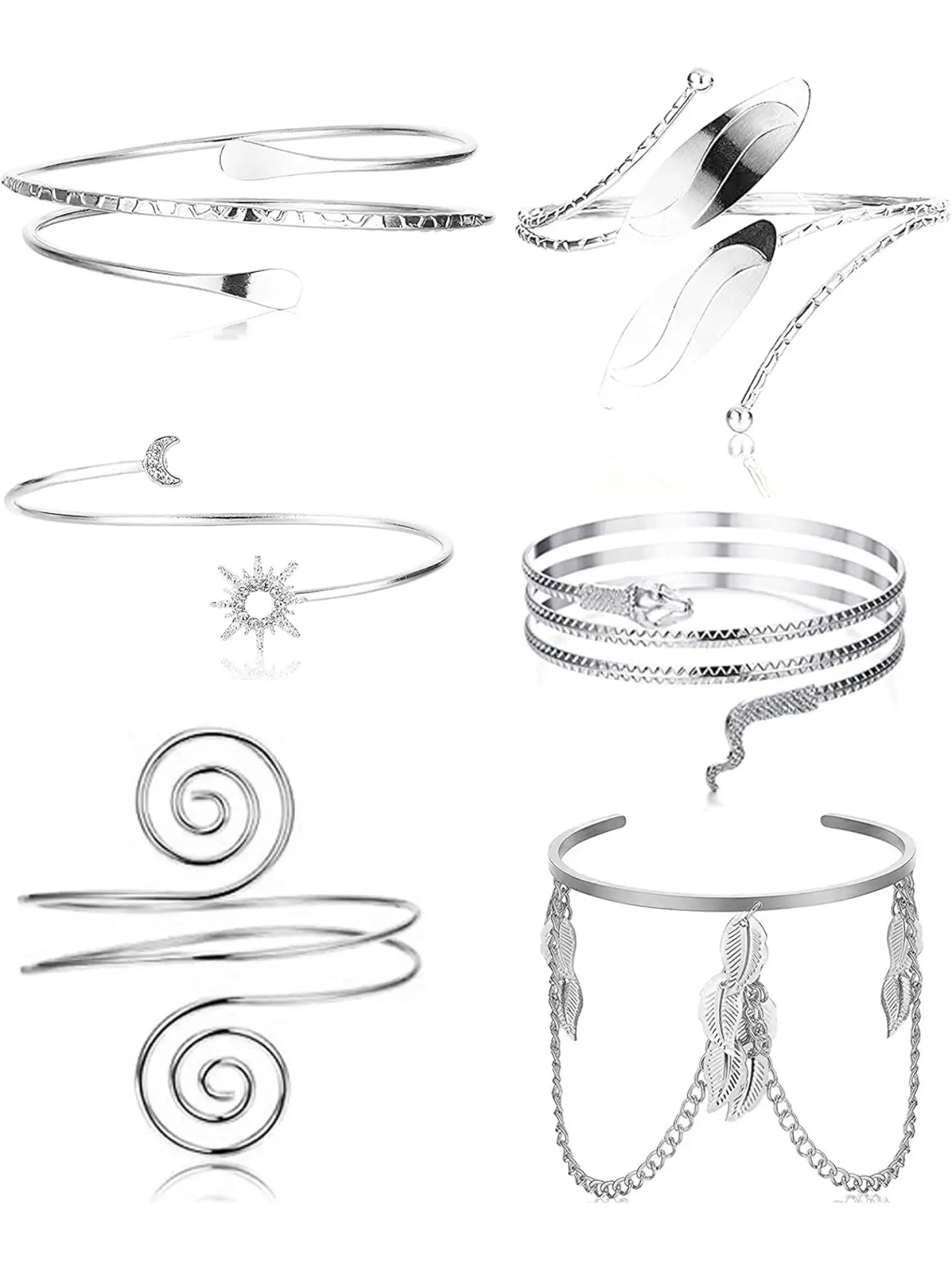 6 Pcs Silvery Coil Upper Arm Cuffs Open Arm Bracelets for Women Men Bangle Stretch Bracelets Adjustable Armband Set Stackable Bracelets Fashion Accessories Bracelet Style, Fashionable Jewelry Accessories