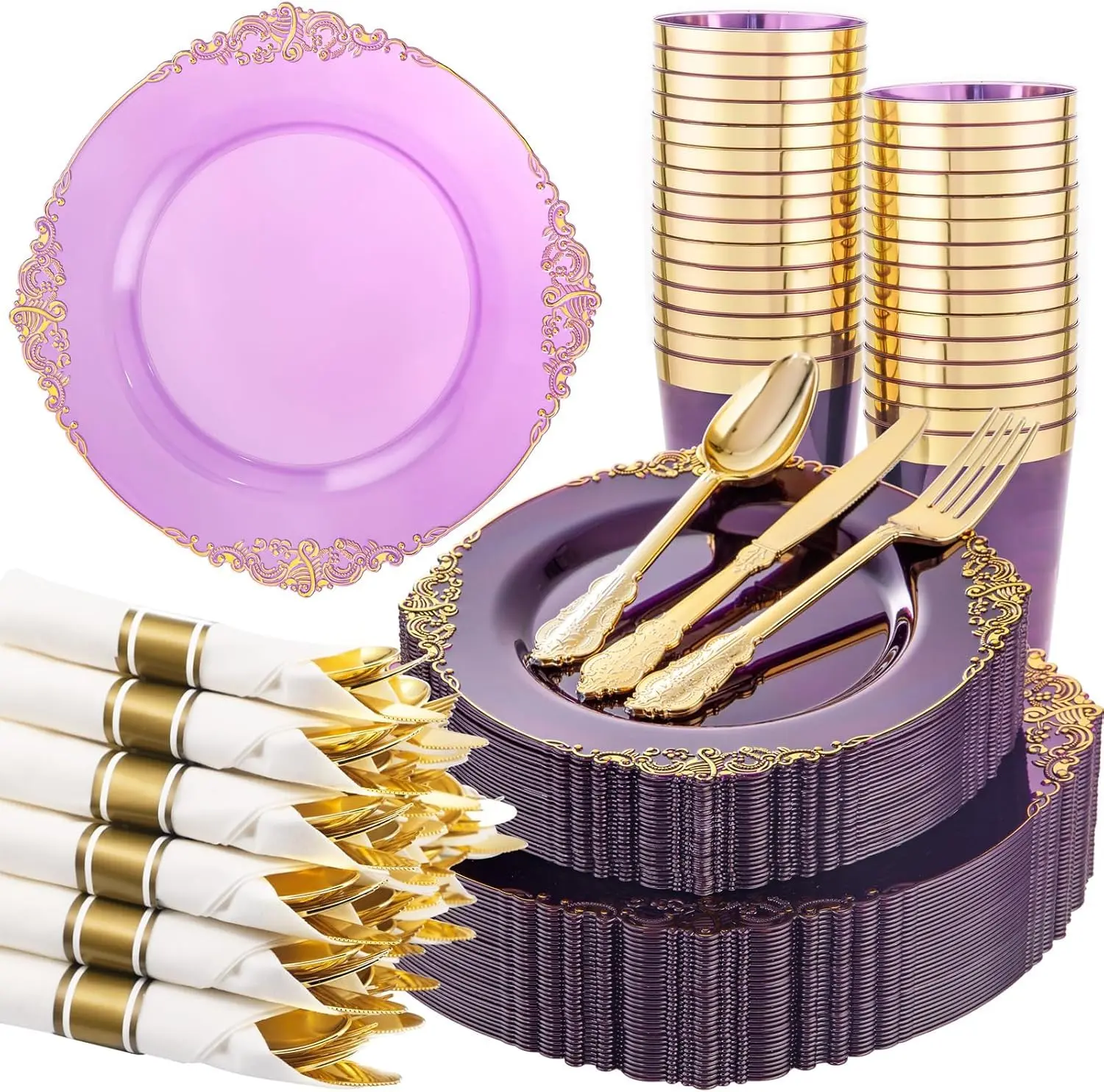 210 Pcs Purple Gold Purple Party Plates Set for 30 Guests, Includes 60 Heavy-duty Plates, 30 Pre Rolled Silverware, 30 Cups