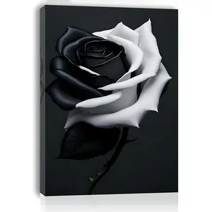 2D Flat [Hanging Art]One Piece of Canvas Art with a Wooden Frame, Featuring an Abstract Black And White Rose, Suitable for Wall Decoration in Living Rooms, Bedrooms, And Kitchens. Ideal for Home And Office Decor