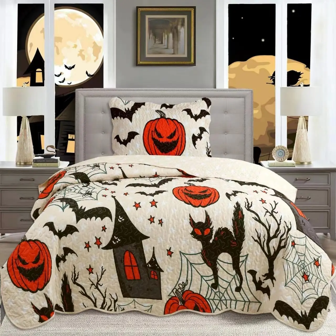 Halloween Themed Quilt Bedspread Set Pumpkins, Black Cats, Bats, Haunted Houses ME503 ()