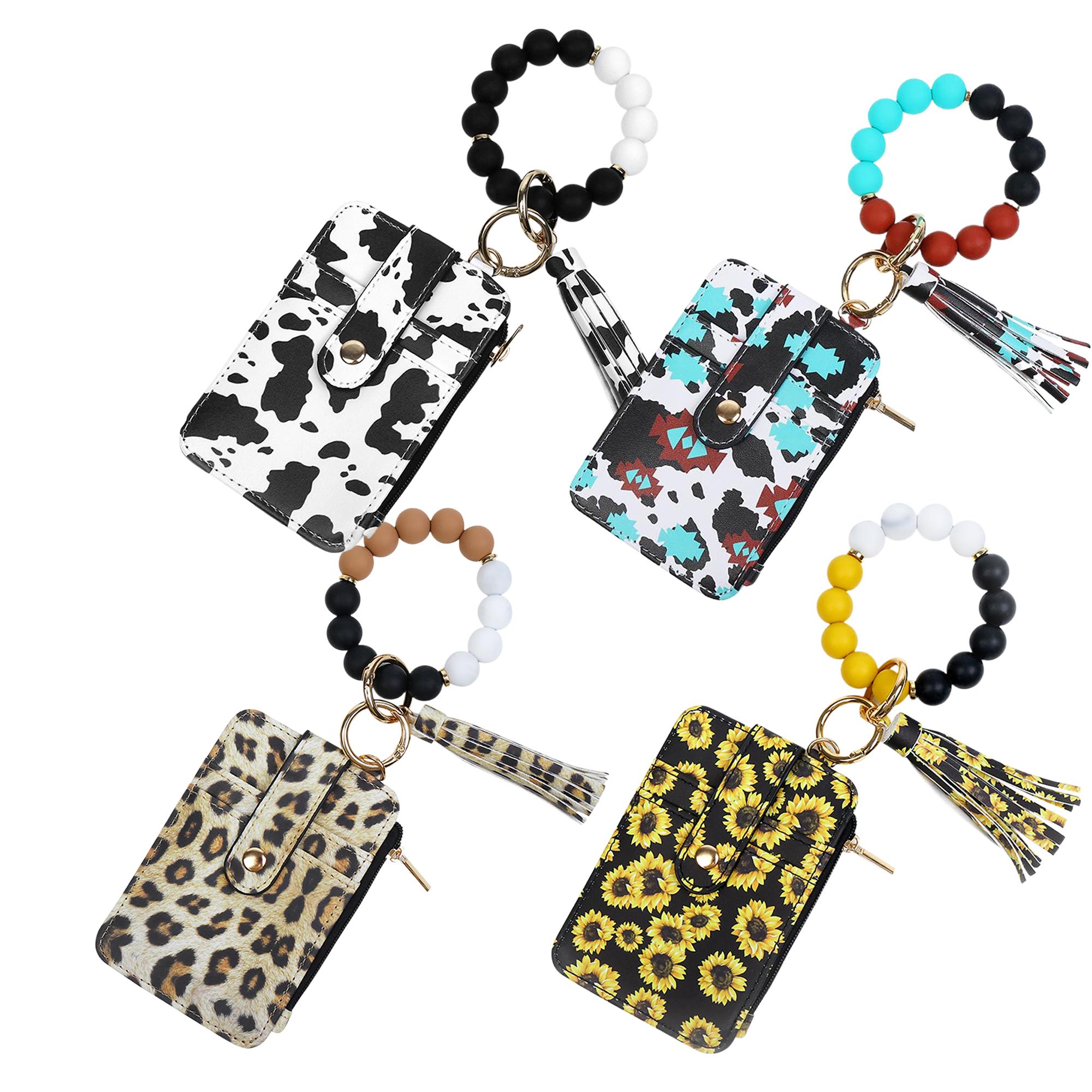 2-in-1 Faux Leather Keychain with Beaded Bracelet, Detachable Wristlet and Card Holder, Stylish Accessory Set for Daily Use or Gifting