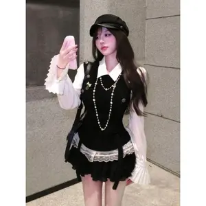 2026 Women Retro Preppy Style Sweet Skirts Set Ruffle Puff  Blouse + Chic Lace Vest + Mini Skirt New Vintage Slim Outfit Spring