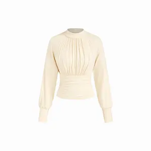 Cider High Neck Long Sleeve Ruched Cinched Waist Blouse