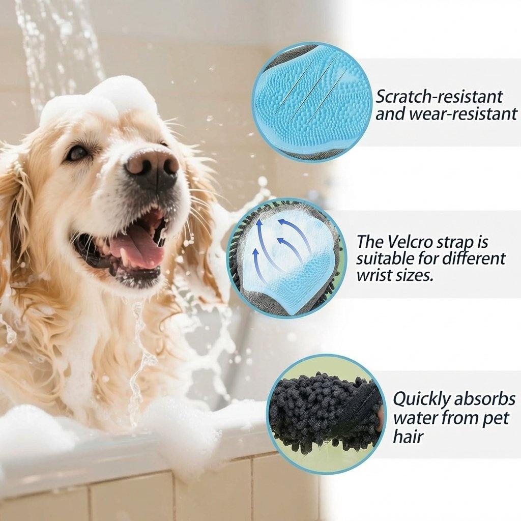 Pawzseek Dog Washing Gloves - Dual-Sided Pet Grooming Mitt with TPR Brush, Chenille Microfiber - Paw Wash Manual Tool for Bathing, Dirt Removal - All Coat Types Pet Bath Accessory