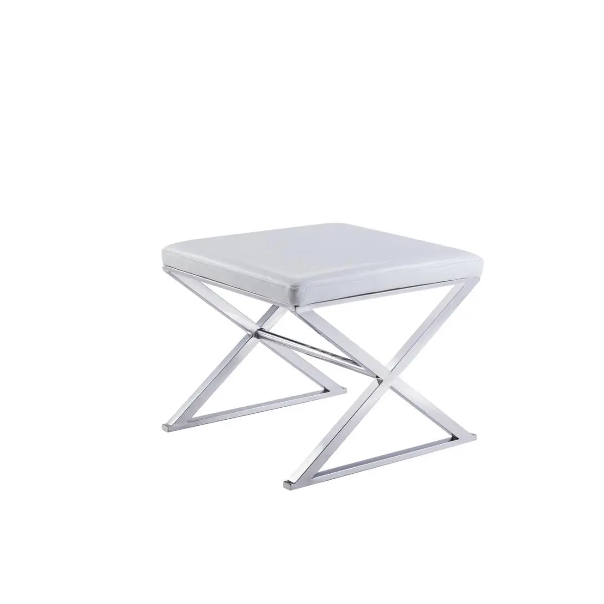 212 MAIN Pasargad Carpets Faux Leather Single Seat Bench - White, Indoor Use, Contemporary Home Decor, Cross Legs, Stainless Steel, 16 lbs, 16.5" h x 19.7" w x 19.7" l, Luxurious Auxiliary Seating, Metallic Finished Cowhide
