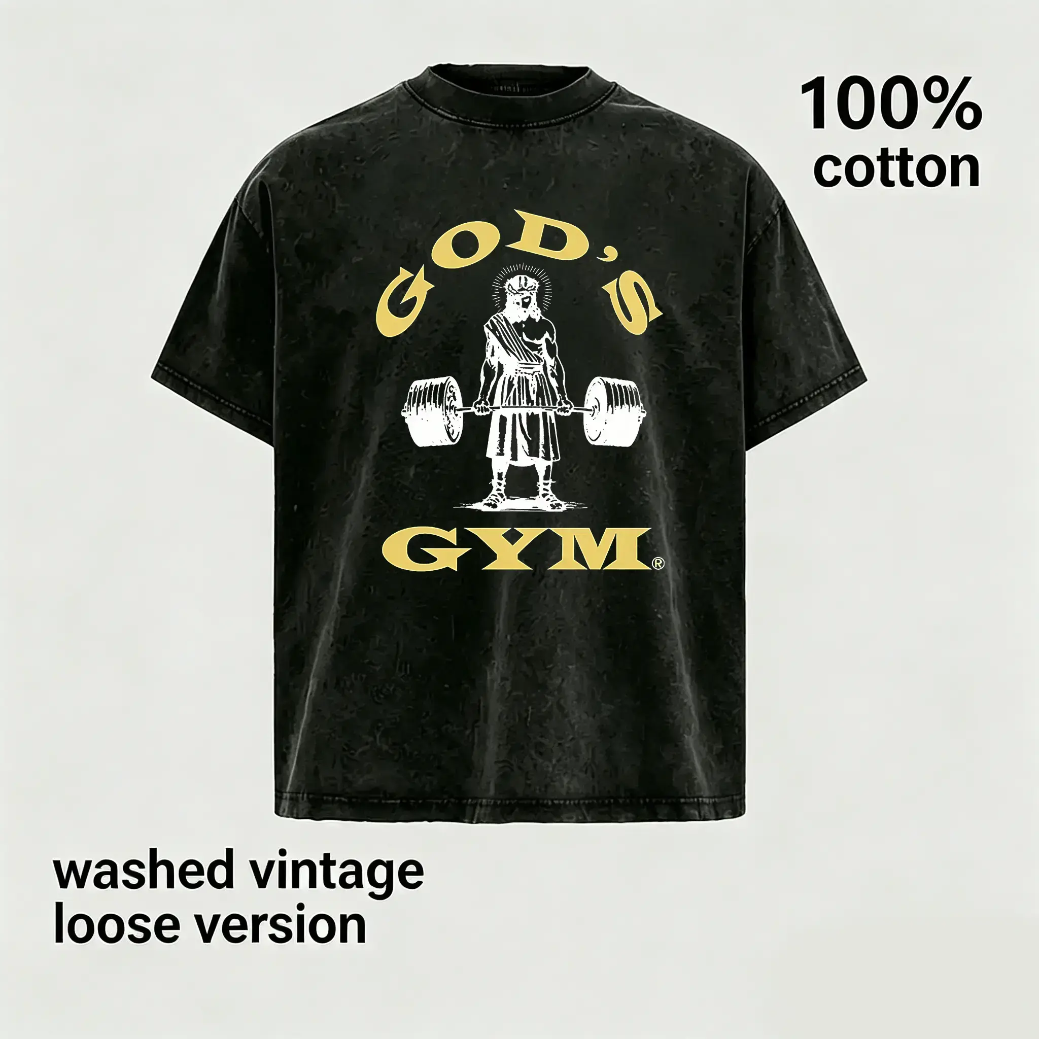 Menswear 100% Cotton Vintage Washed Heavyweight Oversized Short-Sleeve Round Neck Graphic T-Shirt - Loose-Fit Gym Pump Cover for Strength Training, Retro Casual Gift Top