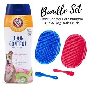 Deodorizing Dog Shampoo and 4-PCS Dog Bath Brush for Smelly Dogs & Puppies with Baking Soda - Dog Odor Shampoo - Kiwi Blossom Scent, 20 Fl Oz