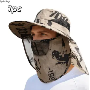 1Pc camouflage men's outdoor hat, removable mask bucket hat, shawl hat, fishing hat, large brim, breathable mesh design, multi-color camouflage optional, suitable for outdoor scenes.