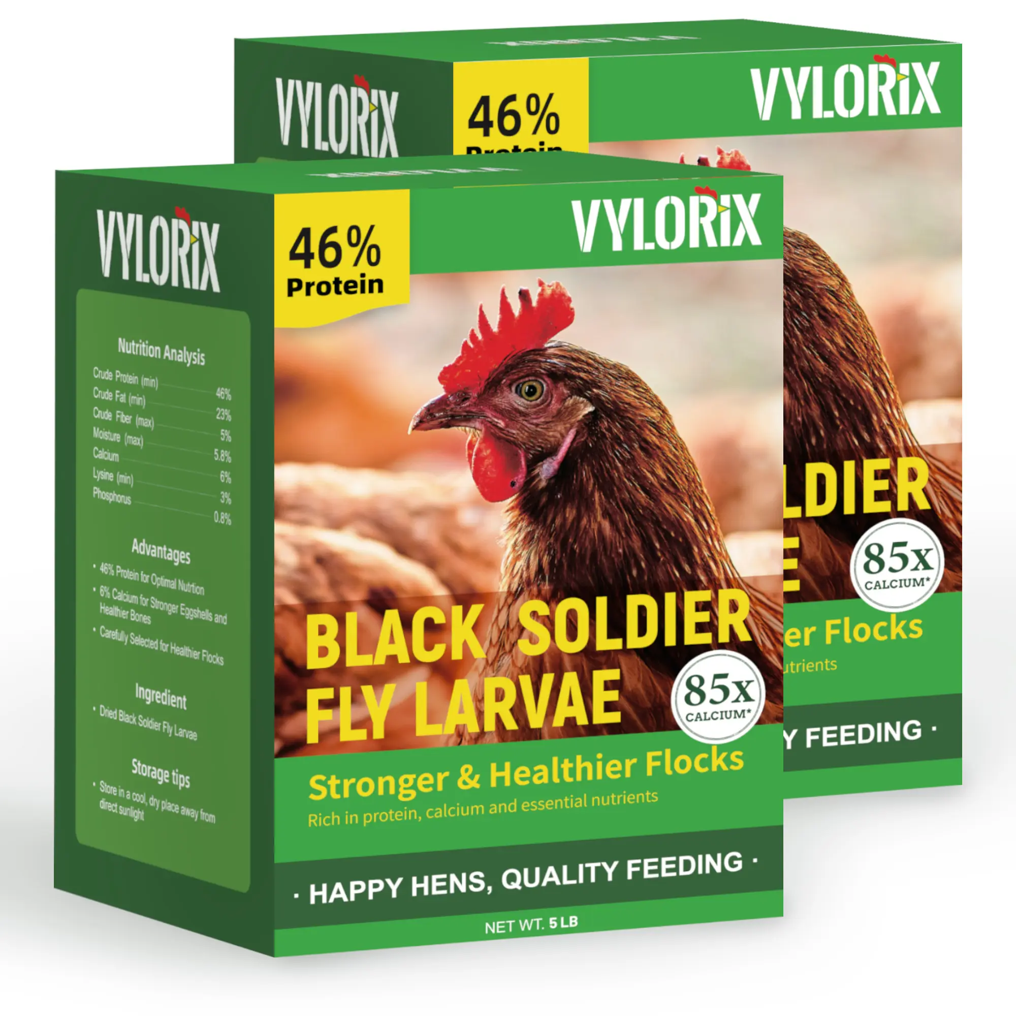 Vylorix 5LBS*2PCS Dried Black Soldier Fly Larvae Chicken Treats, High-Protein BSFL Grubs with 46% Protein & 6% Calcium, Helps Support Eggshell Quality, Bone Maintenance & Feather Condition, for Chickens, Ducks, Birds & Reptiles