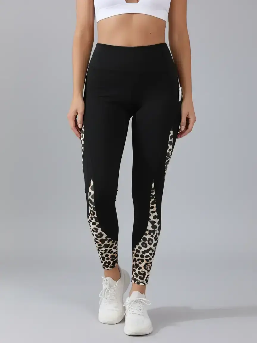 Women's Colorblock & Leopard Patchwork Pocket Sports Leggings, Comfy Breathable High Stretch Yoga Leggings, Ladies Sportswear for Indoor Outdoor Wear, Gym Clothes, Activewear For Fitness, Gym Workout Leggings