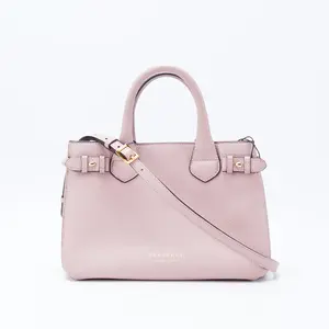 Pre-owned BURBERRY Calfskin Tote Bags Pale Orchid Derby Leather House Check Small Banner Tote Bag BGP212857