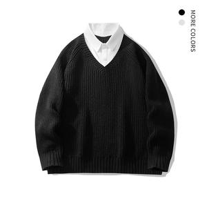 Men's sweater fake two piece knitted sweater autumn and winter casual long sleeved collar sweater, minimalist fashion knitted elegant classic men's fashion top shirt collar college style unisex Menswear Cardigans Chinos