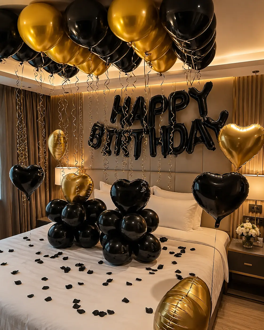 47PCS Black Gold Birthday Balloons Decorations Set, Happy Birthday Banner with Heart Foil Balloons for Adult Birthday Party Room Decor
