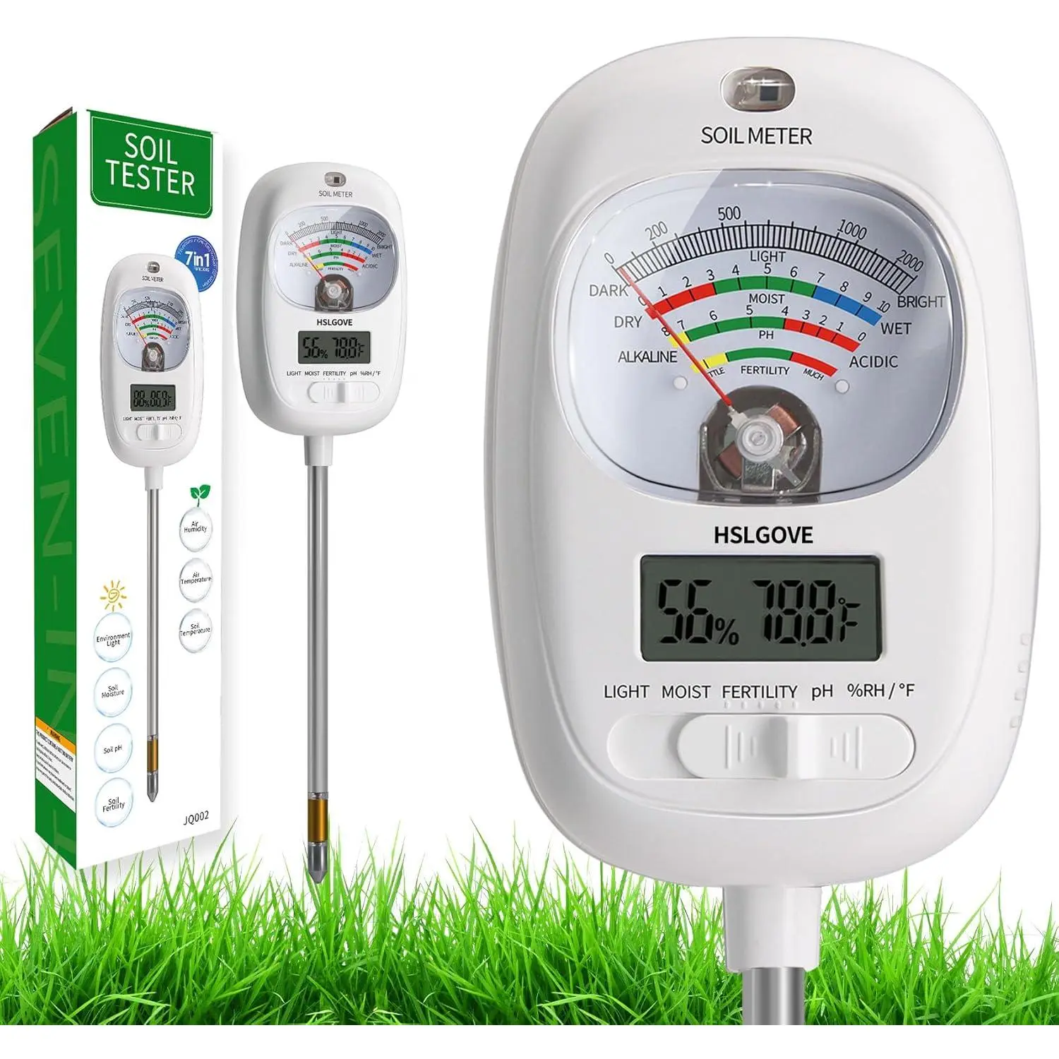 7-in-1 Dual-Screen Soil Tester Kit - Moisture, pH, Fertility, Soil Temp, Air Temp & Humidity Tool for Indoor Plants, Lawns (PureWhite)