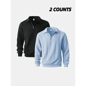 2-Pack Men's Half-Zip Pullover Sweaters, Cable Knit Collared Tops, Soft Warm Casual Long-Sleeve Outfits for Fall/Winter Daily Wear & Fashion Styles