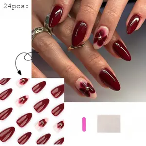 24pcs Medium-Length Almond Nails, Flower False Nails, Reusable Wearable Armor, Easy to Apply, Durable, Party & Creative Nail Art