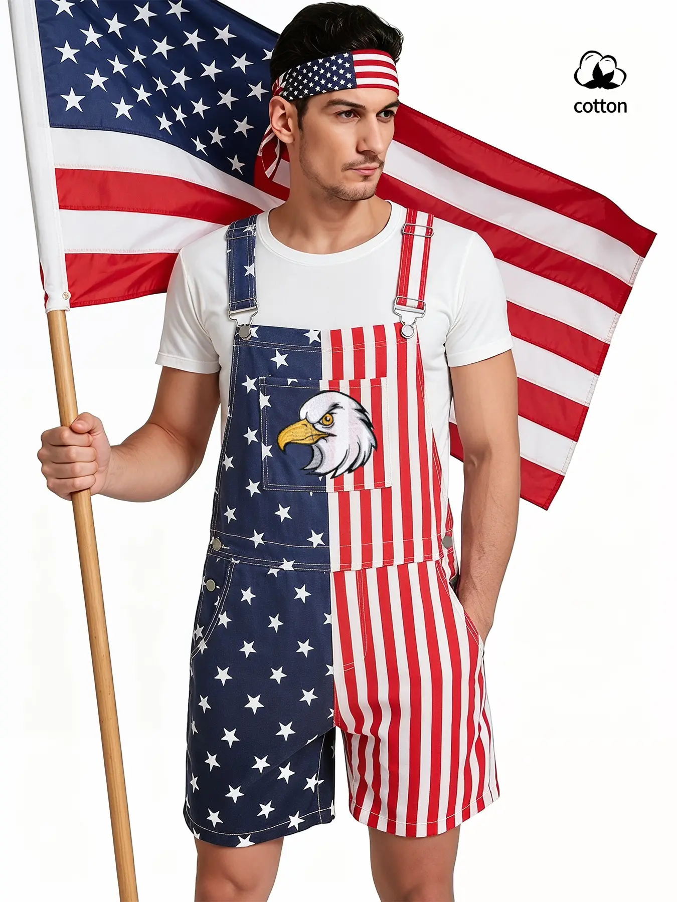 Men's Independence Day Theme Denim Overalls Bib Shorts, Striped Usa Flag Star Stripe Print, Eagle Embroidery, Adjustable Straps, Summer Casual Party Wear