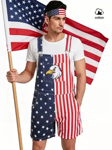 Men's Independence Day Theme Denim Overalls Bib Shorts, Usa Flag Star Stripe Print, Eagle Embroidery, Adjustable Straps, Summer Party Wear