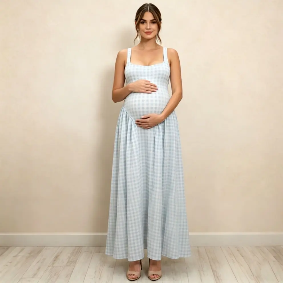 Women's Maternity Sleeveless U-Neck A-Line Checkered/Plaid Tank Maxi Dress - Dress the Bump, Modest, Above the Ankle, Polyester, Prop 65 Safe, Corset Design, Wedding Guest Evening Occasion Wear, Baby Shower, Gender Reveal, M, Cocktail, Bump-Friendly