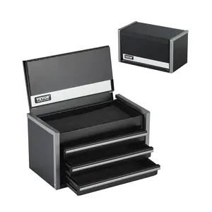 VEVOR Metal Tool Box, 8.6-inch, Portable Metal Tool Box with 3 Drawers, Small Tool Chest with EVA Liners and PP Feet Pads, Heavy-Duty Steel With Ball Bearing Opening and Powder Coated Finish, Black