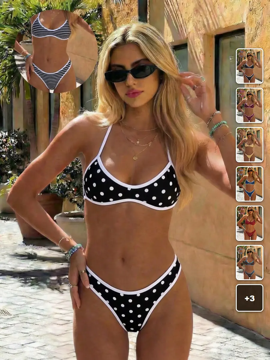Bandeau Bikini Reversible Polka Dot Striped Print Summer Beach Vacation Swimwear