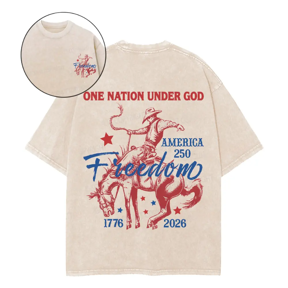 Women's Oversized Vintage Western Cowboy Print Short-Sleeve Round Neck Cotton Unisex T-Shirt, Heavyweight Breathable Mineral Wash Fabric, Patriotic "1 Nation Under God" Rodeo Top