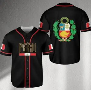 Peru Baseball Jersey Shirt, Peru Jersey, Black Button Up with Red Piping & Peru Flag Sleeves, Unisex Fan Gift Top