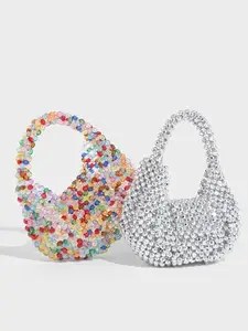 Luxurious Handmade Beaded Evening Bag, Colorful Pearl Moon Shape Crossbody, Crystal Beads Party Bag, Elegant All-Season Accessory, Stylish Evening Handbags