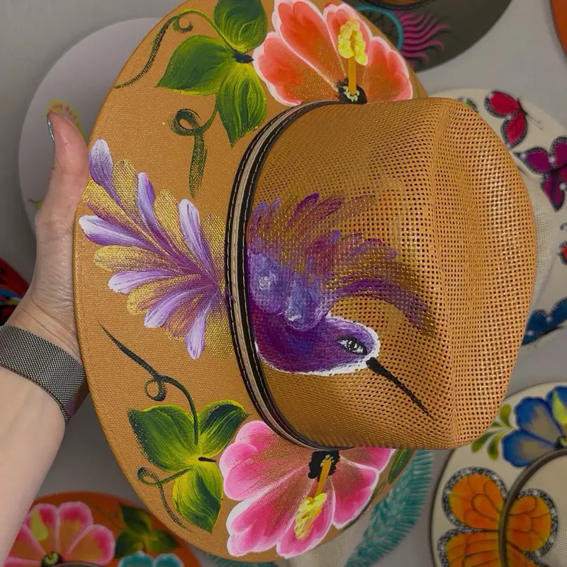 Hand-Painted Mexican Hummingbird Hat - Tan Canel Color, Floral Wide Brim Sun Hat for Outdoor Wear