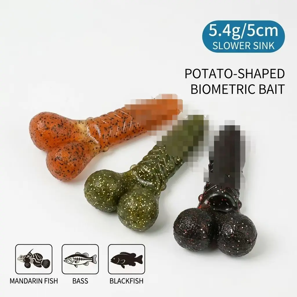 5.4g 5cm Dual Head Bionic Fishing Soft Plastic Lure - Long Cast, Slower Sink Tackle with Double Hooks, Glitter, 5 Custom Colors, Free Control, High Hook-Up Success for Bass Freshwater Pond Fishing (Soft Plastics), Small Size, Controls Lures Freely, Sunny,
