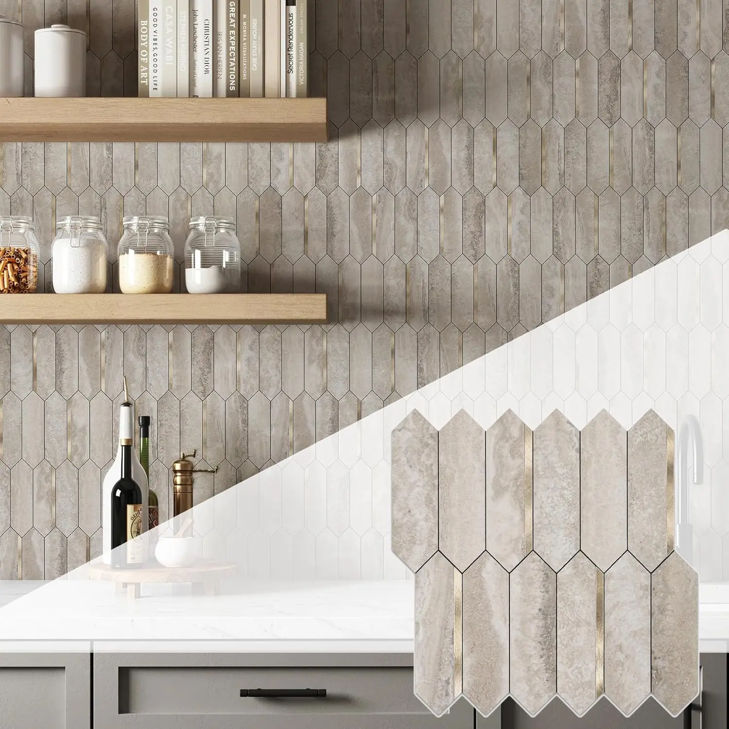 Peel and Stick Backsplash Long Hexagon Wall Tile, 10-Pieces PVC Self Adhesive Mosaic Tiles, Marble Beige Slate with   Stripes Decorative for Kitchen, Bathroom and Fireplace