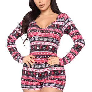 Women Christmas Printed Pajamas Romper Overall Sexy Bodycon Jumpsuit Long Sleeve V Neck Xmas  Pjs Bodysuit Valentines Love Heart Print Loungewear Sleepwear