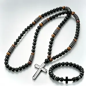 Men’s Black Obsidian Rosary Cross Jewelry Set, Tiger Eye Stone Beaded Necklace & Stretch Bracelet, Christian Faith Religious Prayer Accessories