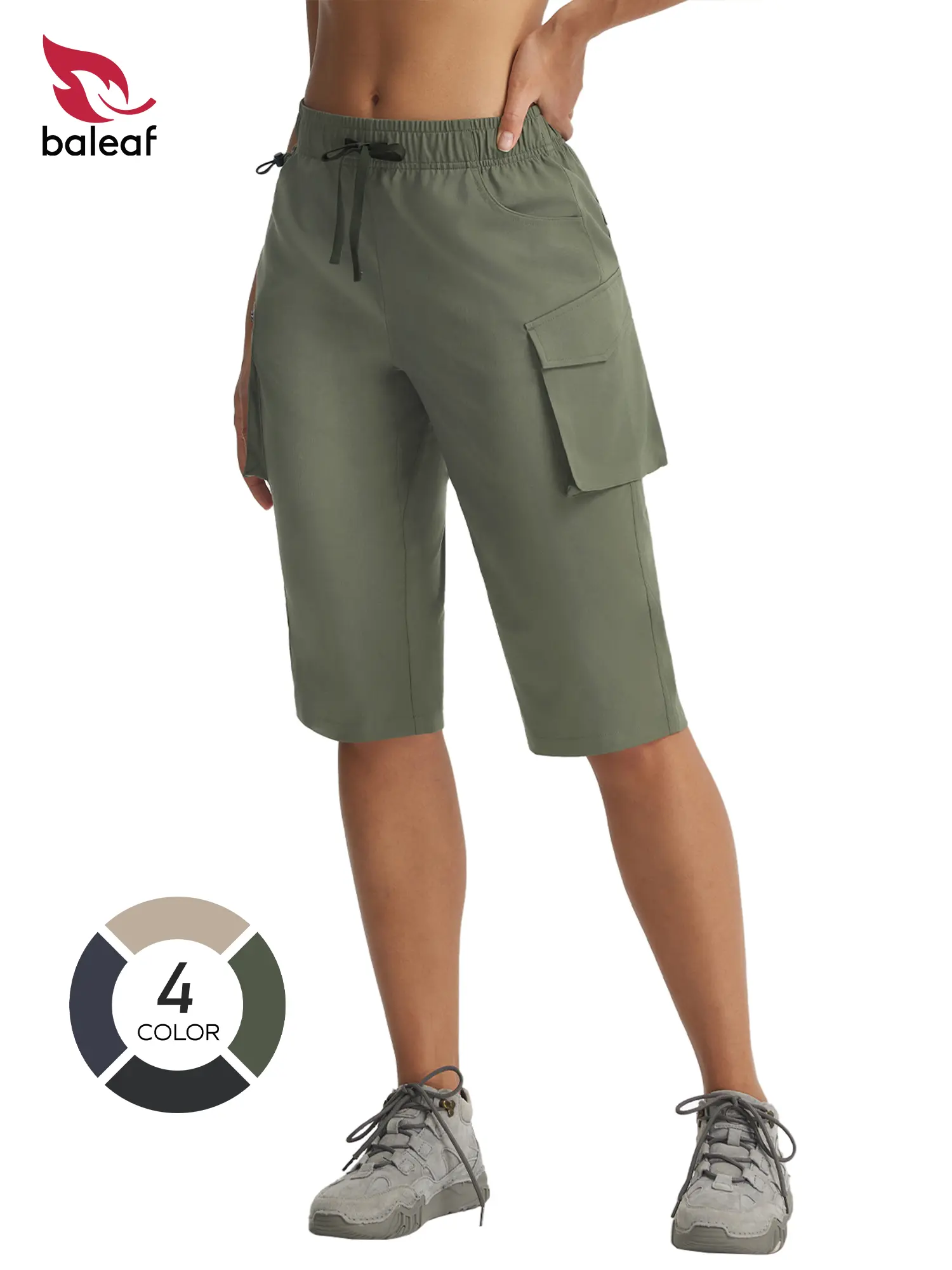 BALEAF Women's 15in Knee-Length Outdoor Athleisure Shorts, High-Waist Tummy Control Elastic Waist Cargo Capris with 7 Pockets (1 Zipper Pocket), Quick-Dry Water-Resistant Lightweight UPF50+ Sun-Protective Breathable Stretch for Running Camping, Elastic