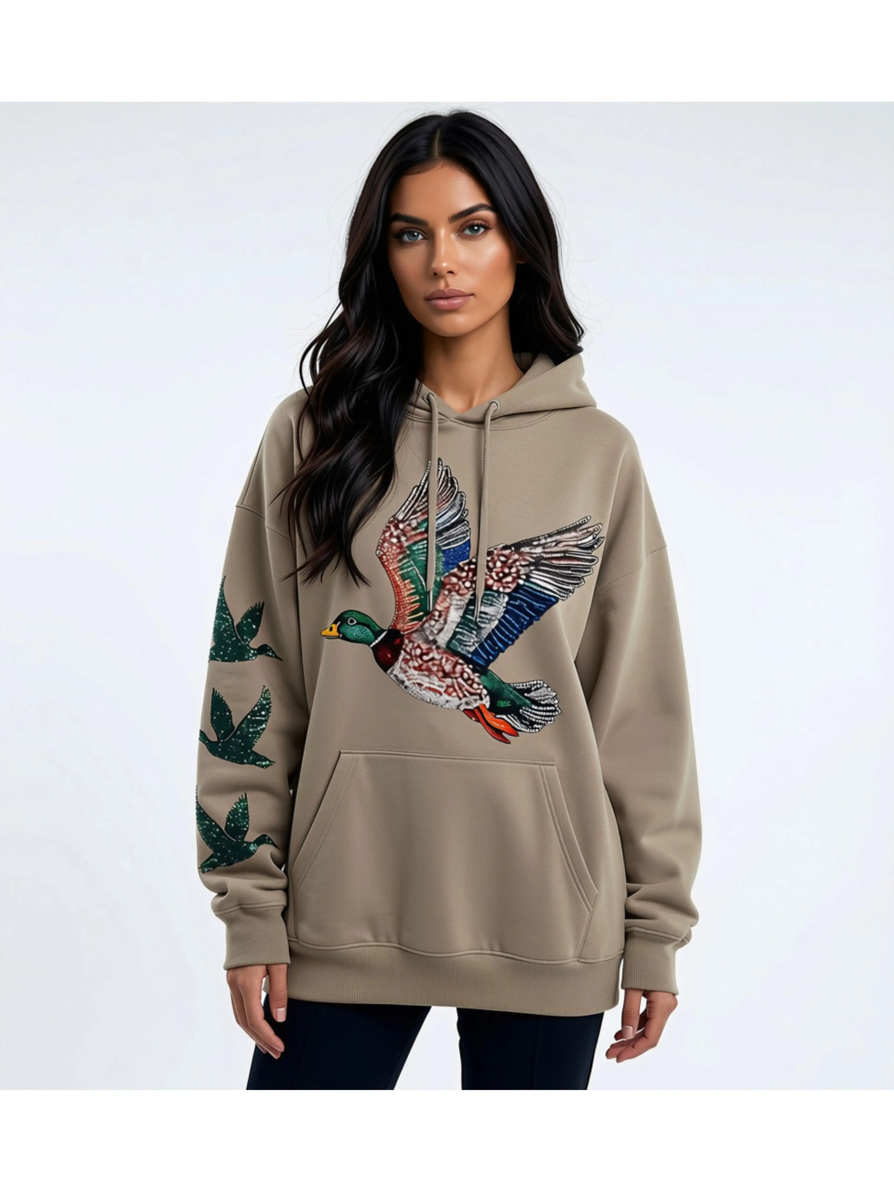 Mallard Duck Faux Sequin Glitter Bling Sweatshirt or Hoodie with Sleeve Prints Comfy Unisex Tops Oversized Cotton/Poly Blend Soft Fabric Pullover for Man Handmade Menswear