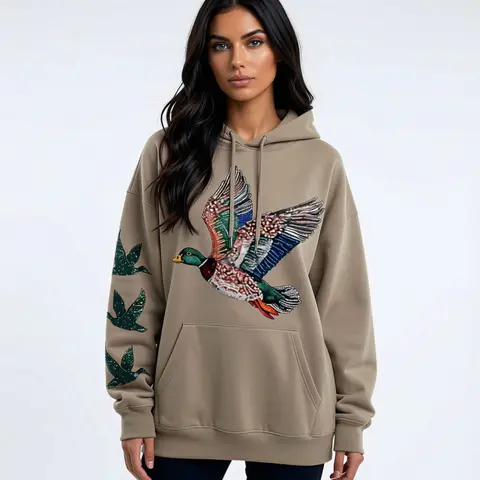 Mallard Duck Faux Sequin Glitter Bling Sweatshirt or Hoodie with Sleeve Prints Comfy Unisex Tops Oversized Cotton/Poly Blend Soft Fabric Pullover for Man Handmade Menswear
